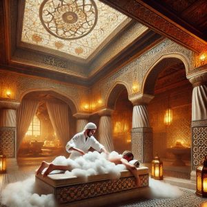 A traditional Turkish hammam setting with warm brown tones and intricate Ottoman motifs. A therapist in traditional attire performs a luxurious foam massage on a male client, whose body is covered in rich, foamy bubbles on a central heated stone.